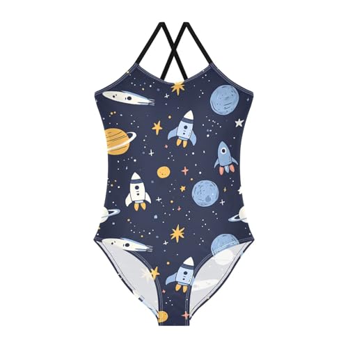Rocket Planet Girls Swimsuits Quick Dry Crossback One Piece Beach Swimwear Bathing Suit, 9-10T Multicoloured