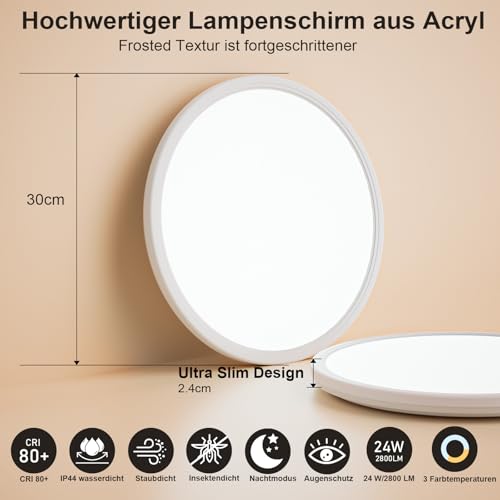Swoieltr Deckenlampe LED Ultradünne Deckenleuchte mit Fernbedienung Dimmbar (3000K-6500K), 24W 2800LM, IP44 | Ø30cm (2,4cm) | Küchenlampe… – Ansicht 6