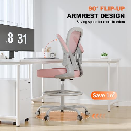Image of Synorla Ergonomic Drafting Chair, Tall Mesh Office Chair with Flip-up Armrests, Lumbar Support & Adjustable Footrest Ring for Standing Desk Gray Pink