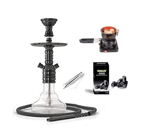 RMAN® Shisha Set Wasserpfeife Mini Aluminium 38cm Hookah mit Kohleanzünder Schlauch Naturkohle Alufolie Kaminkopf Zange (Schwarz) RMAN® Shisha Set Wasserpfeife Mini Aluminium 38cm Hookah mit Kohleanzünder Schlauch Naturkohle Alufolie Kaminkopf Zange (Schwarz)