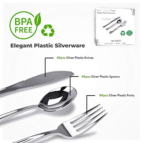 160-Pack-Silver-Plastic-Cutlery-Disposable-Silverware-80-Forks-40-Knives-40-Spoons-For-Catering-Parties-Dinners-Weddings-and-Everyday-Use 160-Pack-Silver-Plastic-Cutlery-Disposable-Silverware-80-Forks-40-Knives-40-Spoons-For-Catering-Parties-Dinners-Weddings-and-Everyday-Use