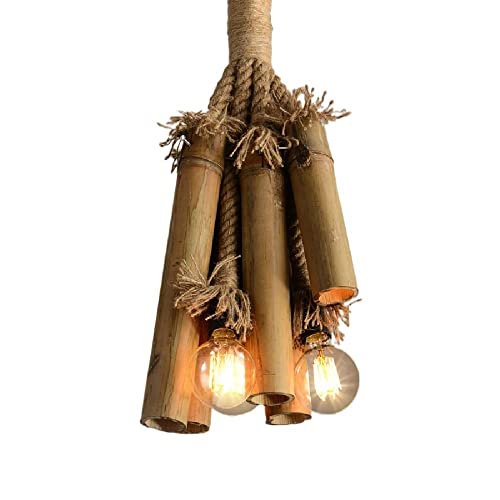 Plafonnier 3 lumières corde de chanvre et bambou style loft industriel rétro E27
