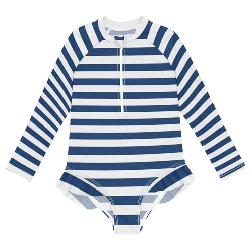 CaTaKu Girls Swimsuit One Piece Rash Guard Blue and White Striped Kids Bathing Suit Long Sleeve UPF 50+ Swimwear 3-12T