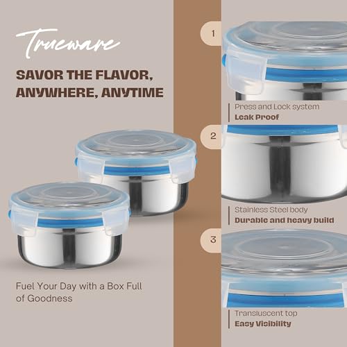 Image of Trueware Clip N Close Smart Lock Stainless Steel Lunch Box | Durable, Airtight, BPA Free, 100% Food Grade | Versatile | for Office, for Men and Wowmn | 350 ml Each | Set of 8