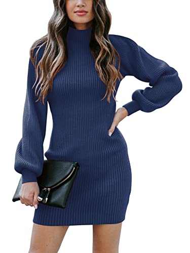 Caracilia Women s Long Sweater Dresses Turtleneck Slit Holiday Blue Bodycon Dress C14A5-shengxianlan-M