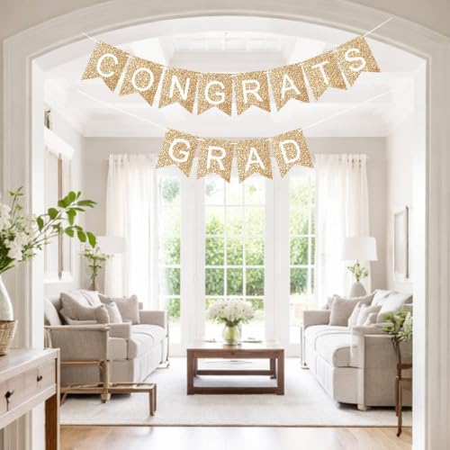 Image of Graduation Decorations 2026, Congrats Grad Banner for Congratulations Graduate Graduation Party - Set of 2 White and Gold Glitter Garlands Sign Hanging Decor for Wall Door Porch, Pre-strung No DIY