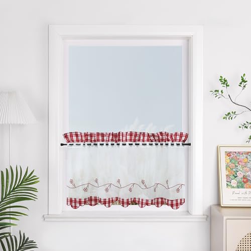 Yujiao Mao Rideau Cuisine Court, Rideaux Brise-Bise Transparent Broderie Rouge HxL 45x90cm pour Intérieur, Salle à Manger, Chambre, Fenêtre