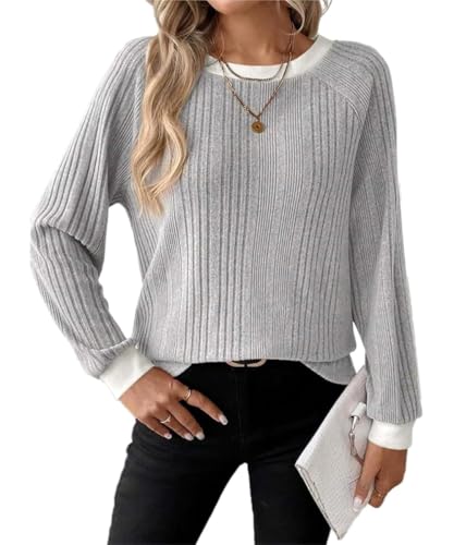 ABINGOO Pullover Damen Rundhals Langarmshirt Elegant Oberteile Herbst Lässig Farbblock Baumwolle Langarm T-Shirt Basic Sweatshirt(Grau,L)