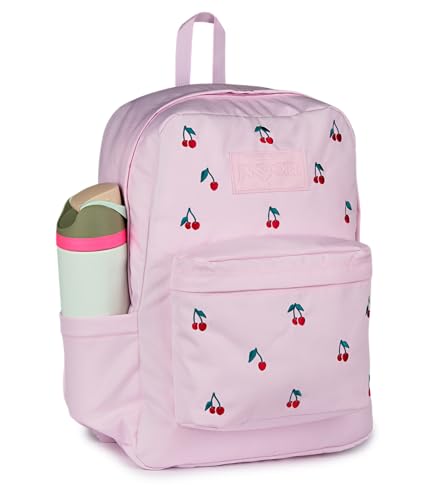 Image of JanSport Superbreak Plus FX Backpack - Work, Travel, or Laptop Bag with Water Bottle Pocket - Pink Ice Cherry Emb
