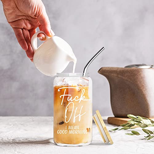 16 Oz Iced Coffee Cup With Bamboo Lids And Straws | Mason Jar Cups & Iced Coffee Tumbler With Lid And Straw | Glass Cups For Iced Coffee, Boba Cup | Beer Can Glass & Smoothie Cup - Good Morning #TOP2