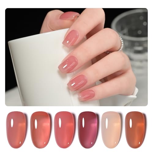Image of GAOY Jelly Burgundy Gel Nail Polish Set, 6 Transparent Colors Red Pink Brown Nude Soak Off UV Light Cure Gel Polish Kit for Salon and Nail Art DIY at Home