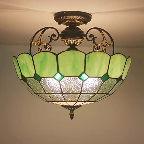Lustre en vitrail vert suspension vintage de 30cm pour salon et cuisine