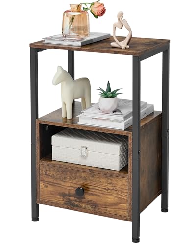 FAVOOSTY Table de Chevet Nuit avec tiroir étagère de Rangement Ouverte Assemblage Facile pour Chambre à Coucher Salon Bureau Bois Marron Rustique Meuble de d'appoint1 Compartiment Ouvert 2 Tiroirs