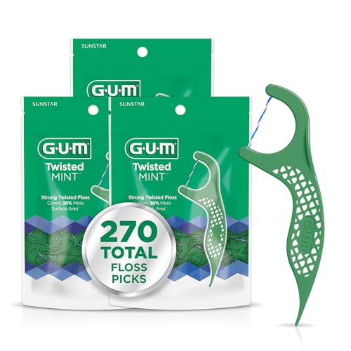 GUM Twisted Mint Floss Picks - Twisted Threads, Shred-Resistant Floss, Easy Grip Handle, 90 Count (Pack of 3) 270 Total
