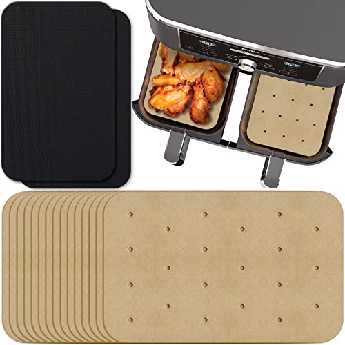 Image of WMKGG Rectangular Air Fryer Parchment Paper, 200 PCS Air Fryer Liners | Disposable Perforated Parchment with 2 Grilling Mat for Ninja DZ201 Foodi 6-in-1 8-qt. 2-Basket
