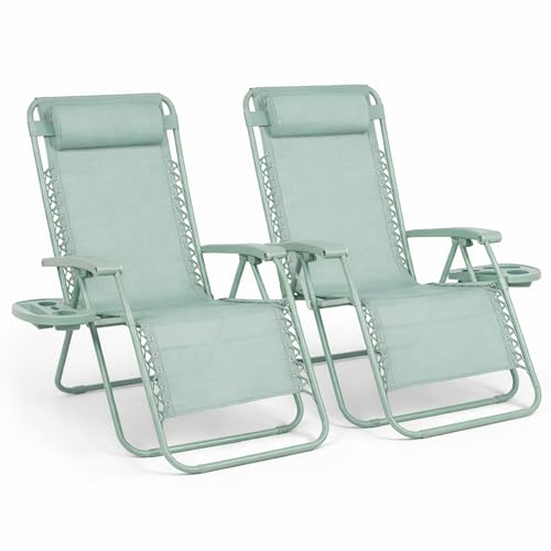 Straame Zero Gravity Chairs Set of 2,Folding Reclining Garden Chairs, Textilene Outdoor Chair, Lockable 170° Sun Loungers for Garden, Steel Frame, 150 kg Max Load (Classic, Mint)