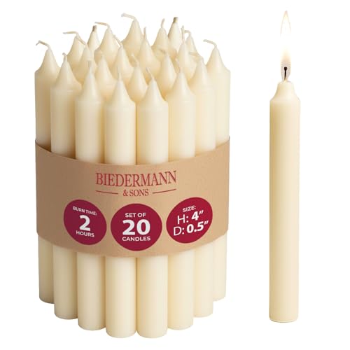 Biedermann & Sons Ivory Chime Candles (20 Count) Unscented Dripless Tapers 4 Inch Tall 0.5 Inch Diameter 2 Hour Long Burning Paraffin Wax for Angel Chime Carousels and Holders