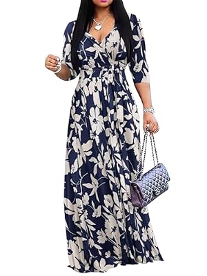 Yajedo Women's Maxi Dress 3/4 Sleeves V Neck Cocktail Party Belted Wrap Sundress Floral Print 3/4 Sleeve Long Maxi Dresses