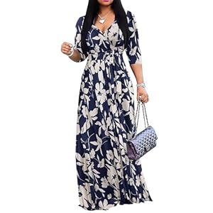 Yajedo Womens Casual Summer Maxi Dress Plus Size Sexy Warp V Neck 3/4 Sleeve Sundress with Poctets