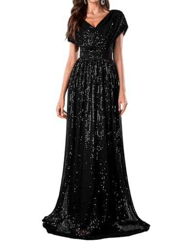 Women's Sequin V-Neck Short Sleeve A-Line Evening Dress Elegant Evening