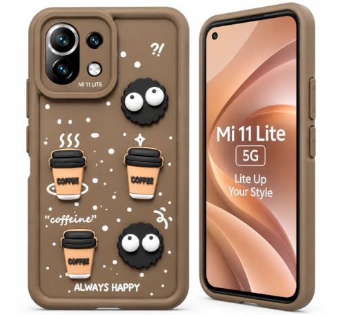 Image of Bintage Back Cover Compatible for Mi 11 Lite 4G / 11 Lite 5G NE | Cute Fun Ball | 3D Taddy Smiley Coffee | Milk Case | Full Body Protection - Brown