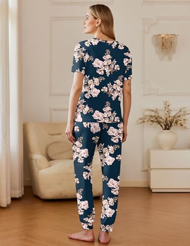 Image of Ekouaer Pajamas for Women Set 2 Pack Lounge Set Short Sleeve Pjs Joggers Long Pants Loungepwear with Pockets