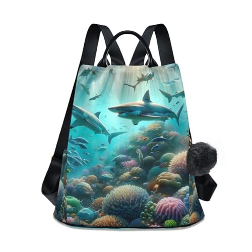 Mochila para mujer Sharks Coral casual antirrobo con pompón elegante