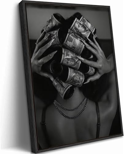 Framed Black and White Trendy Canvas Wall Art, Money and Hair Curler Painting Picture Wall Decor, Luxury Fashion Feminine Poster Print Artwork for Woman Vanity, Dressing Room, Home Decoration 8x10in
