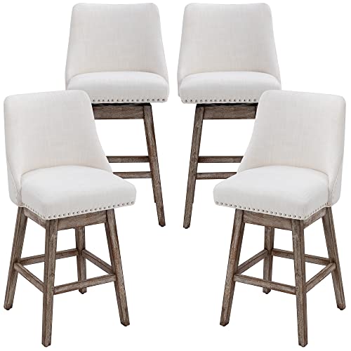 Dm Furniture 27.5 Inch Counter Height Bar Stools Set Of 4 Linen Fabric 360°Swivel Barstools With Back And Wood Legs Upholstered Stool Chairs For Home/Kitchen Island/Breakfast Bar/Restaurant, Cream #TOP6