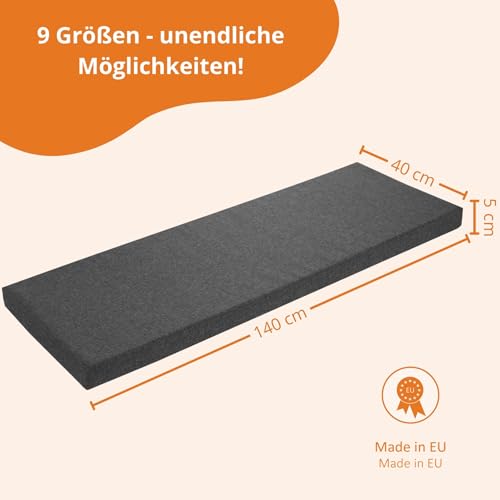 sleepling Bankauflage 140x40 cm dunkelgrau, Sitzkissen Outdoor & Indoor, Bankpolster, Bezug waschbar, Unterseite Antirutsch, Made in EU