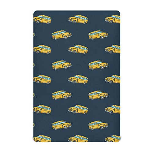 Image of School Bus Cartoon Crib Sheets Soft Breathable Fitted Baby Crib Sheets Mattress Cover for Girl Boys, 52 inch x 28 inch x 9 inch