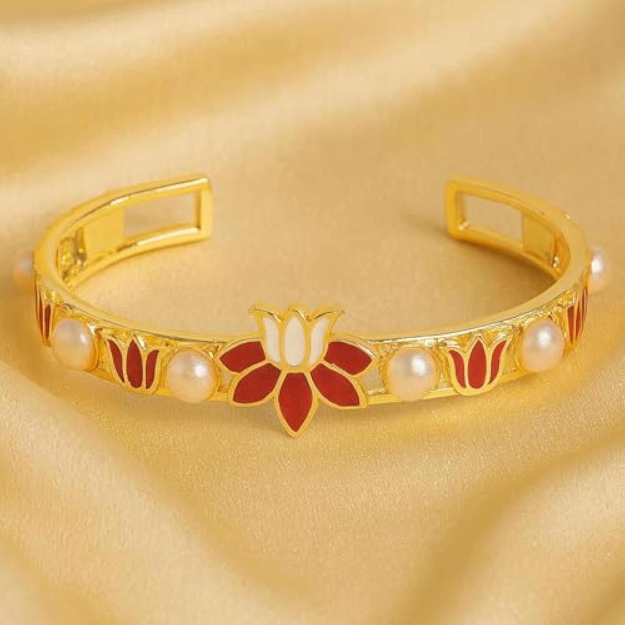 Exquisite Gold Plated Red Lotus Pearl Cuff Bracelet