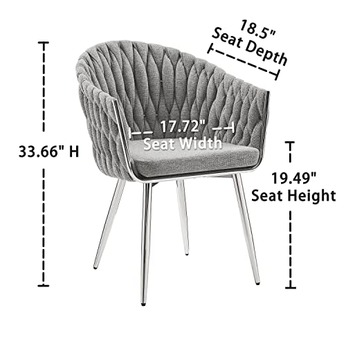 Art Leon Set Of 4 Dining Chairs, Mid Century Modern Linen Woven Upholstered Kitchen Dining Room Chair, Accent Arm Chair Side Chair With Chromed Metal Legs, Light Gray #TOP1