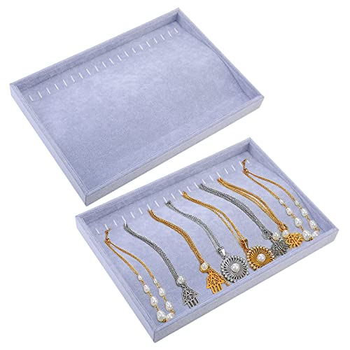 RealPlus 2 Stück Halsketten-Tablett, Organizer, 20 Haken, Samt, stapelbar, Aufbewahrung von Halsketten, Schmuckhalter, Vitrine, Grau Cover