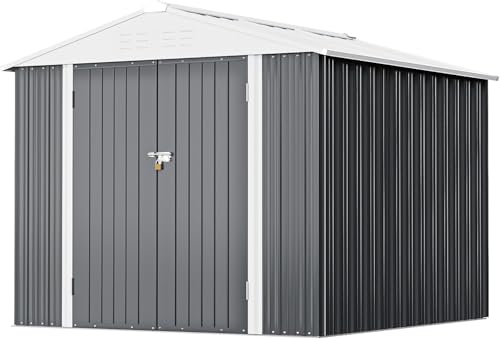 Image of Greesum 8x6FT Outdoor Storage Shed, Utility Tool Shed with Sloping Roof, Metal Storaged Garden Shed with Door & Lock for Patio Storage, Gray