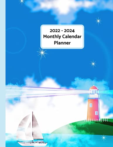2022 - 2024 Monthly Calendar Planner: Majestic Stars Sun Sailboat Lighthouse Simple Basic Design Monthly 3 Year Calendar Notebook