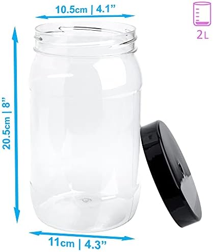 Pack of 3 Large Round Plastic Jars with Lids 2 Litre (70oz)  Refillable Large Round Clear Storage Containers with Airtight Black Lids for Kitchen use, Snacks, Sweets, Cereal & More