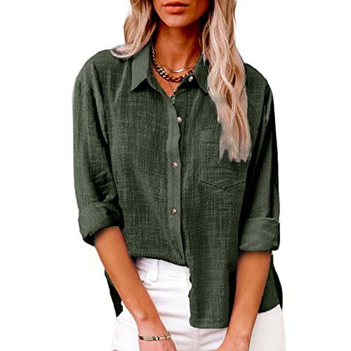 Women's Cotton Linen Button Down Shirt Long Sleeve Collared Blouses with Pocket Loose Tunic Work Office Tops Army Green