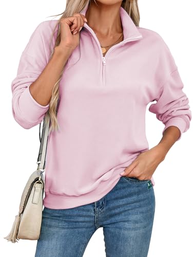 Famulily Ladies Sweatshirts Lightweight High Neck Sweatshirt Vintage Half Zip Pullover Spring Athletic Clothes for Women 2026 Pink M