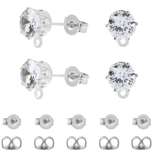 Beebeecraft 1 Box 30Pcs Cubic Zirconia Earring Findings with 925 Sterling Silver Pins Rhinestone Diamond Earring Stud with Loop for Jewelry Making DIY