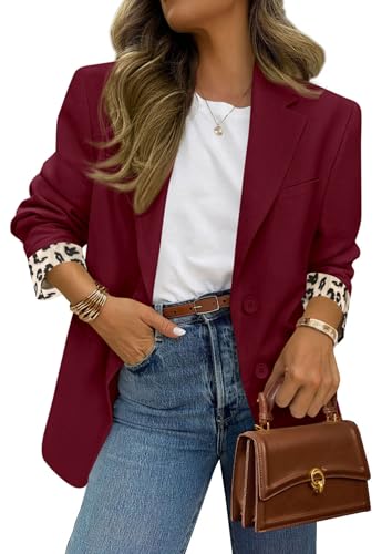 Catálogo de Chaquetas de traje y blazers para Mujer los mejores 10. 41 PRETTYGARDEN Chaquetas blazer para mujer 2025 para otoño, trabajo, oficina, traje de chamarra de leopardo con frente abierto, trajes casuales de negocios, Borgoña, M