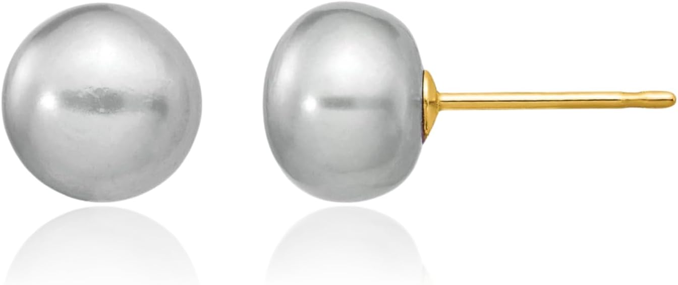 IceCarats 14K Solid Yellow Gold 7mm Freshwater Grey Pearl Large Stud Earrings Prong Set, Butterfly Back For Her