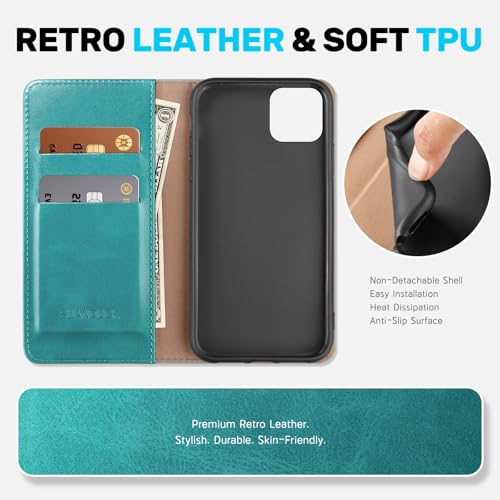 Etui RFID iPhone 15 antichoc avec support réglable en cuir bleu vert - 3