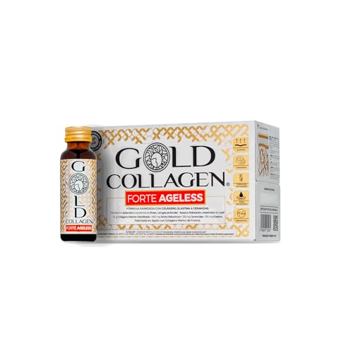 GOLD COLLAGEN Forte Ageless - Complemento Colágeno Marino Hidrolizado (12gr) con Ácido Hialurónico Antiarrugas, Pro Retinol, Vitamina C, D, Biotina, Coenzima Q10, Elastina Reduce Líneas Finas, 10x50ml