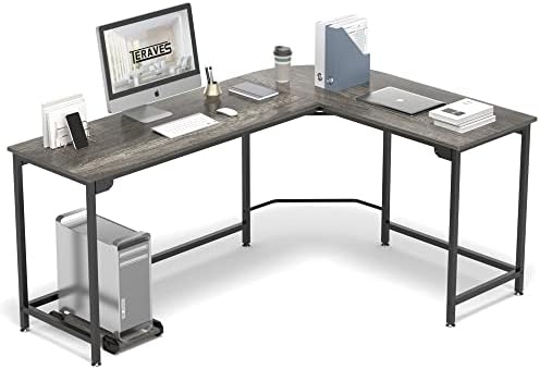 Teraves Modern L-Shaped Desk 66'' Corner Computer Desk Home Office Study Workstation Wood & Steel PC Laptop Gaming Table (Large, Black Oak)