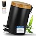 Produktbild HIBATH® Kosmetikeimer aus Edelstahl mit Bambusdeckel (3 Liter, schwarz) - Badezimmer Abfalleimer mit Absenkautomatik - Praktischer Mülleimer - WC-Treteimer