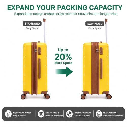 Image of CONCEPTEN Expandable Hardshell Luggage Set 5 Piece, 22x14x9 Airline Approved Carry On, 20 /24 /28 inch Suitcase Set with TSA Lock, Spinner Wheels, ABS+PC (Yellow) | Suitcase Set with Spinner Wheels TSA-approved Lock ABS Travel 20 /24 /28 Inch