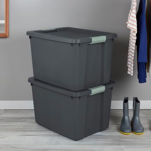 Image of Sterilite 6-Pack Latch Tote, Stackable Plastic Storage Bin Containers, 20 Gallon, Gray /Green - Large Organizer Boxes with Lids for Closet, Bedroom, Tool, and Laundry Organization