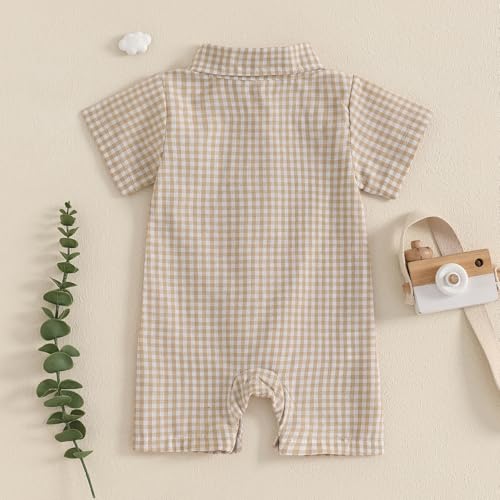 Karuedoo Newborn Baby Boy Clothes Gingham Short Sleeve Collared Romper Jumpsuit Plaid Button Down Bodysuit Summer Outfit4