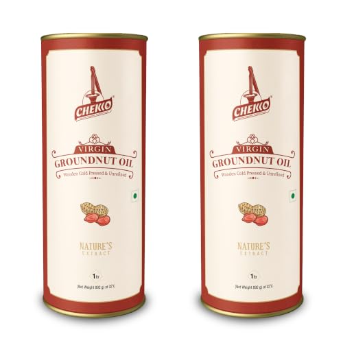 Image of Chekko Cold Pressed Groundnut Oil 2 Litre | Wood Pressed Peanut Oil | 100% Pure, Unrefined & Filtered | Kachi Ghani groundnut oil | Natural Cooking Oil for Frying & Daily Use (1 Litre*Pack of 2)